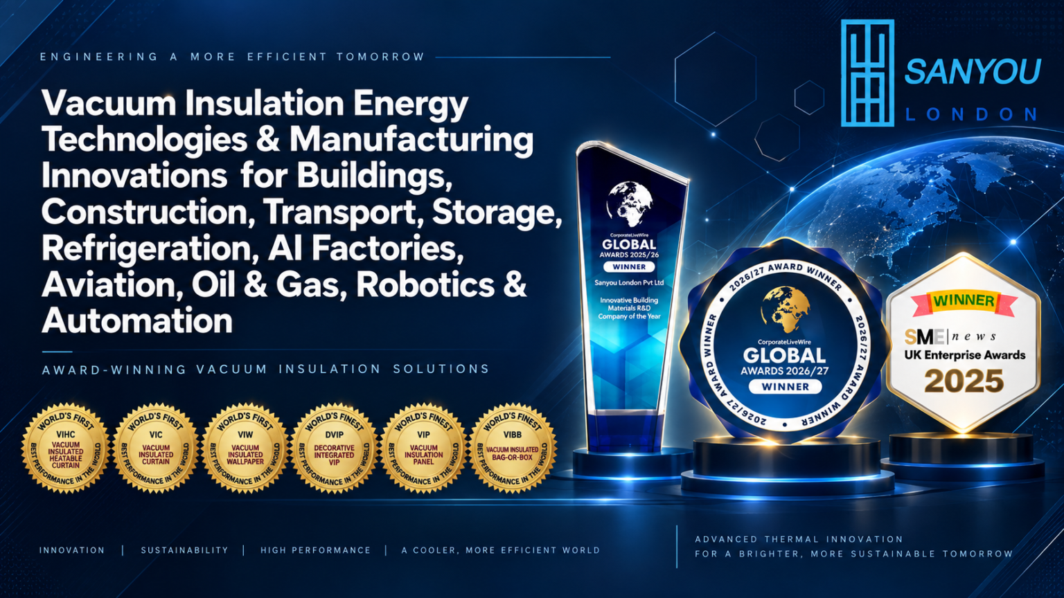 Sanyou London homepage banner showing award-winning vacuum insulation energy technologies and manufacturing innovations for buildings, construction, transport, storage, refrigeration, AI factories, aviation, oil and gas, robotics and automation, with Corporate LiveWire and SME News awards.