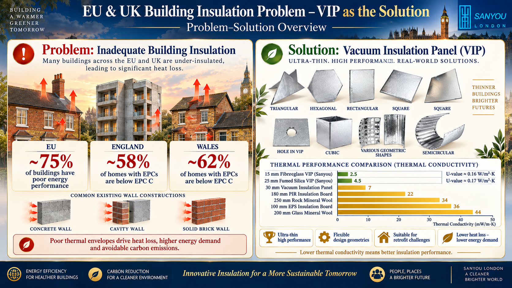 Sanyou London infographic comparing building insulation and heat-loss challenges in the UK and Europe with vacuum insulation panel solutions, showing existing wall constructions, flexible VIP geometries, thermal conductivity comparisons and the potential for ultra-thin high-performance retrofit insulation.