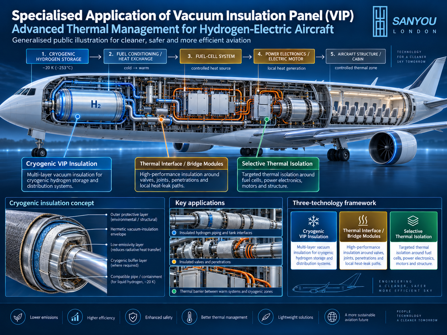 Sanyou London infographic showing a generalised aircraft application of vacuum insulation panels for advanced thermal management, including cryogenic insulation, thermal interface or bridge modules, selective thermal isolation, insulated piping, aircraft structure zones and lightweight energy-efficient aviation solutions.