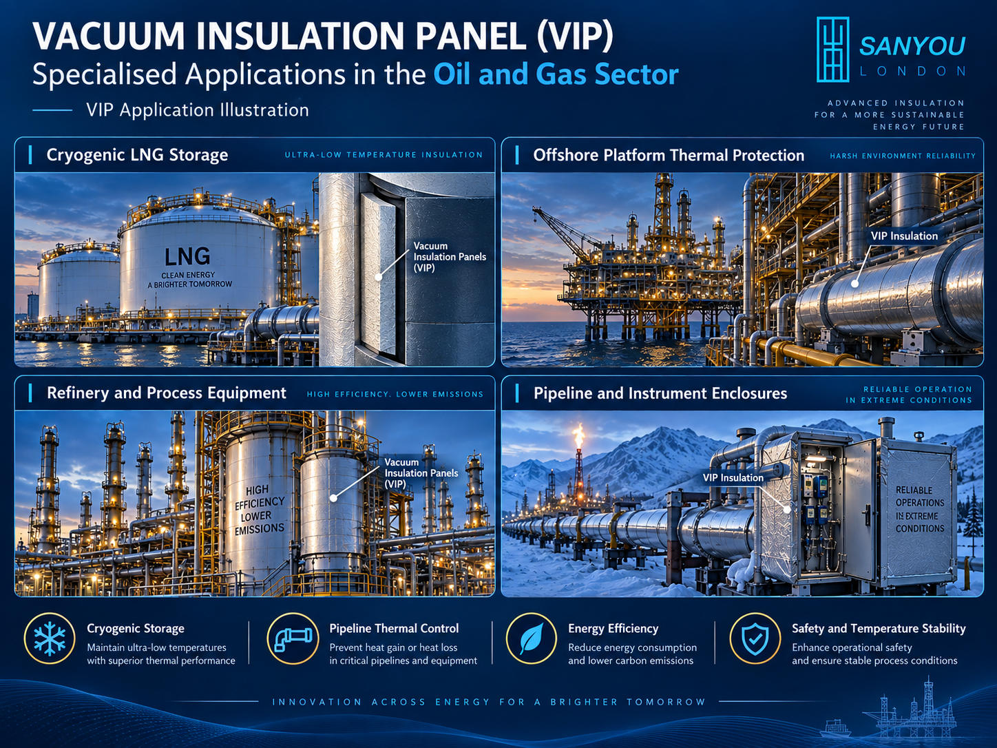 Sanyou London infographic showing specialised applications of vacuum insulation panels in the oil and gas sector, including cryogenic LNG storage, offshore platform thermal protection, refinery and process equipment, and pipeline and instrument enclosures for improved energy efficiency, safety and temperature stability.