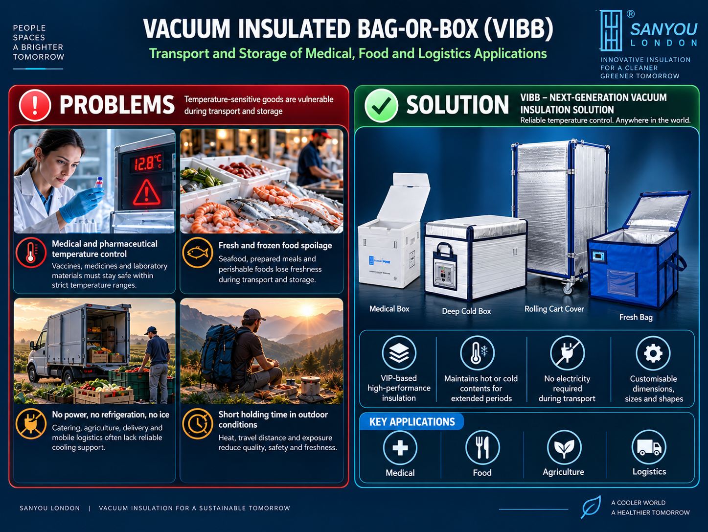 Sanyou London infographic showing Vacuum Insulated Bag-or-Box (VIBB) solutions for medical, food, agriculture and logistics applications, highlighting transport and storage challenges such as temperature control, spoilage, lack of refrigeration and outdoor holding time, together with insulated products including a medical box, deep cold box, rolling cart cover and fresh bag.