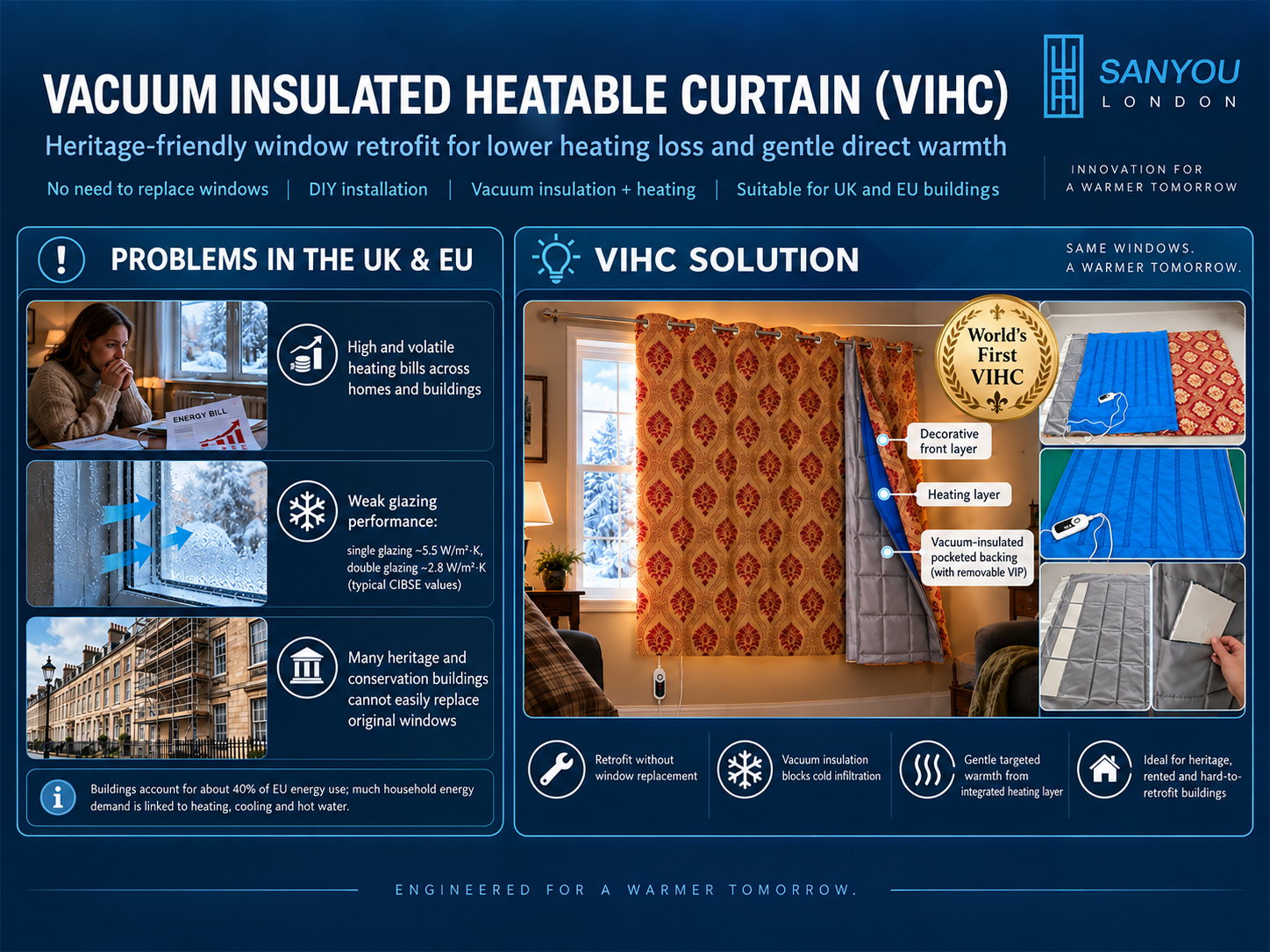 Sanyou London infographic showing the Vacuum Insulated Heatable Curtain (VIHC) as a heritage-friendly window retrofit solution for lower heating loss and gentle direct warmth, presenting challenges such as high heating bills, weak glazing performance and heritage-building window constraints, alongside the VIHC design with decorative front layer, heating layer and vacuum-insulated pocketed backing.