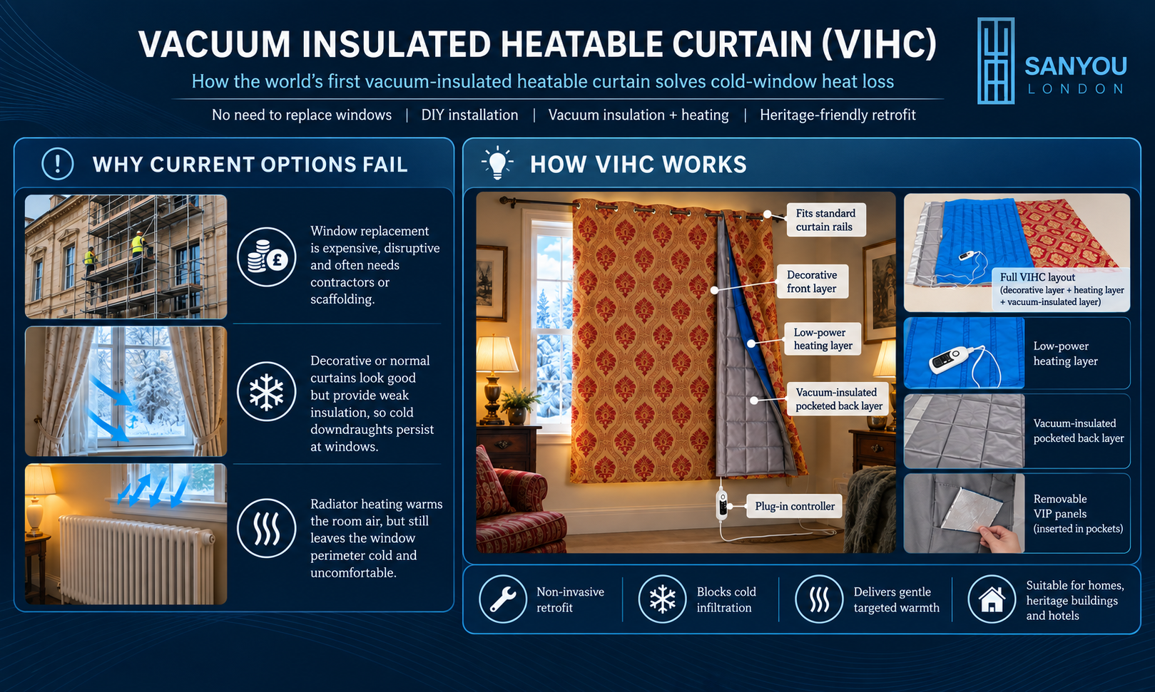 Sanyou London infographic explaining how the Vacuum Insulated Heatable Curtain (VIHC) works, comparing conventional window retrofit and heating limitations with a non-invasive curtain system combining a decorative front layer, low-power heating layer, vacuum-insulated pocketed backing, removable VIP panels and plug-in control.