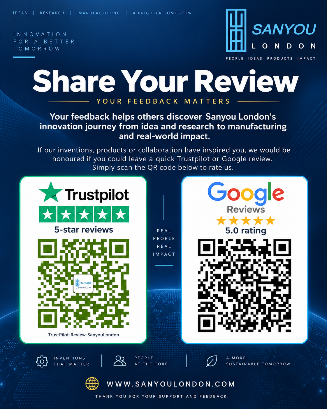 Sanyou London review request poster with a dark blue corporate background, Sanyou London logo, the heading “Share Your Review”, and two large QR codes for Trustpilot and Google Reviews. The poster highlights existing 5-star reviews and invites customers to leave feedback about Sanyou London’s innovation, research, manufacturing and real-world impact.