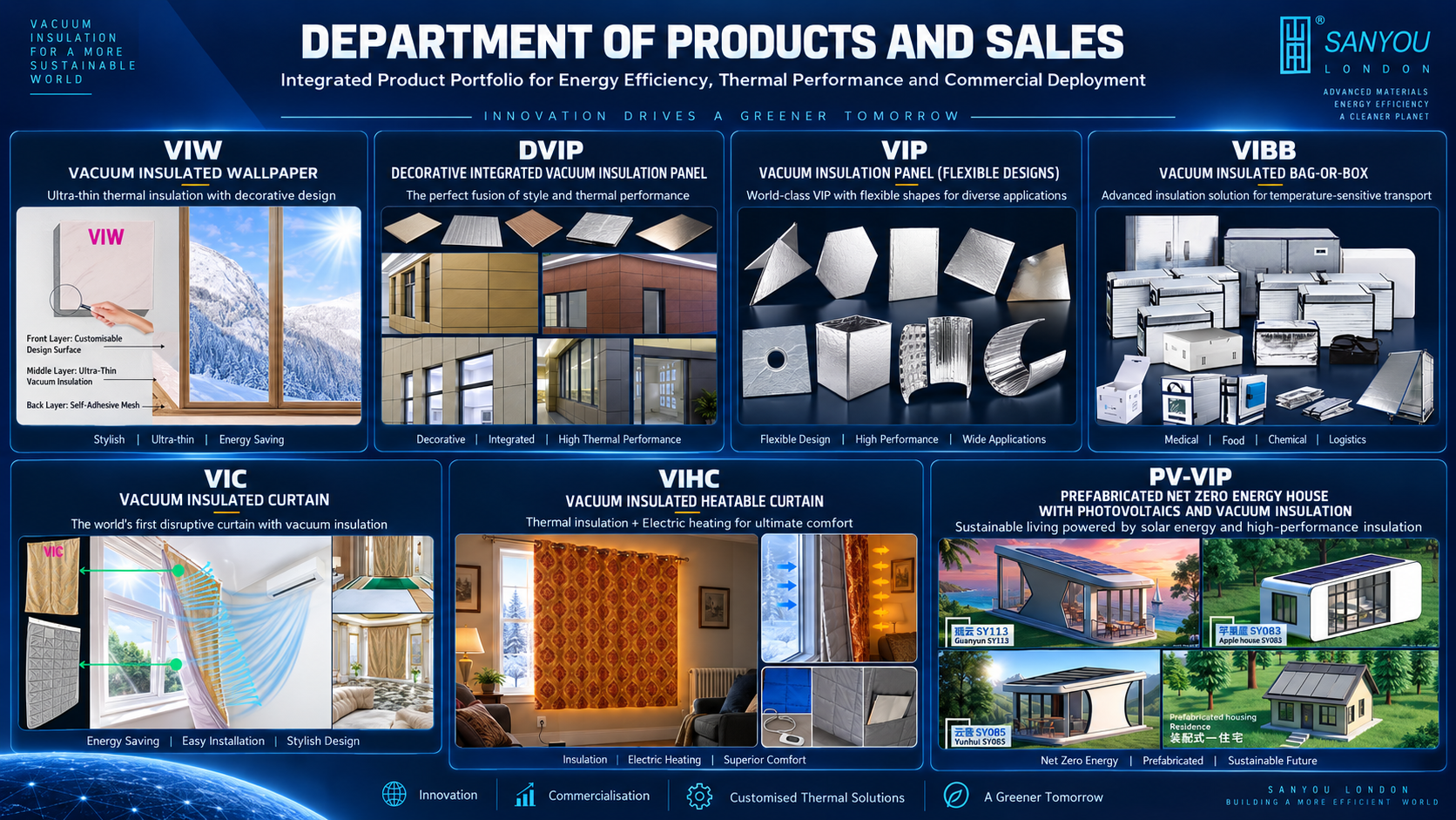 Sanyou London products and sales infographic showing the company’s vacuum insulation product portfolio, including VIW vacuum insulated wallpaper, DVIP decorative integrated vacuum insulation panel, VIP flexible vacuum insulation panels, VIBB vacuum insulated bag-or-box, VIC vacuum insulated curtain, VIHC vacuum insulated heatable curtain, and PV-VIP prefabricated net zero energy houses with photovoltaics and vacuum insulation.
