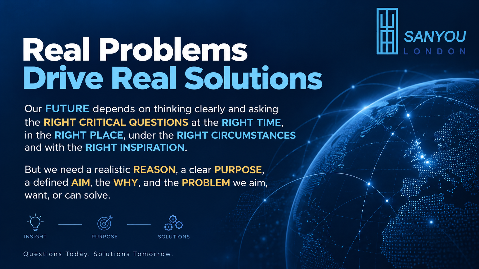Sanyou London corporate innovation banner with the message “Real Problems Drive Real Solutions”, highlighting the importance of asking the right critical questions at the right time, in the right place and under the right circumstances, with purpose, reason and problem-solving focus.