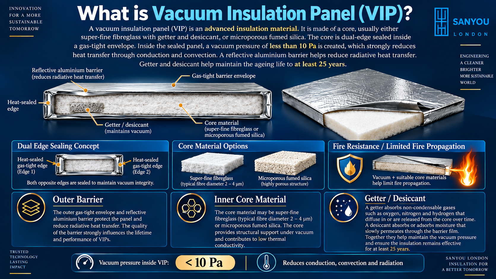 Sanyou London infographic explaining the structure and working principle of a vacuum insulation panel (VIP), including the gas-tight barrier envelope, super-fine fibreglass or microporous fumed silica core, getter and desiccant, vacuum pressure below 10 Pa, dual-edge sealing and reduced conductive, convective and radiative heat transfer.